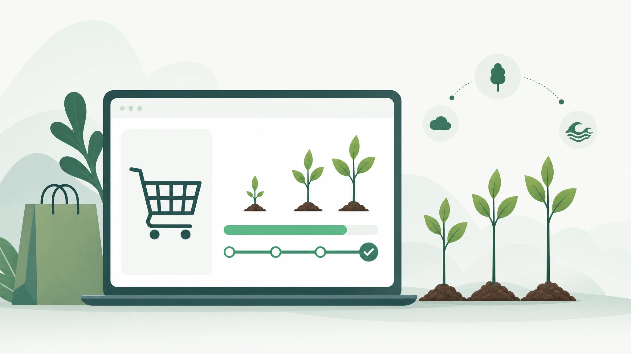 Wide illustration of a shopping cart spend threshold unlocking extra tree planting impact.