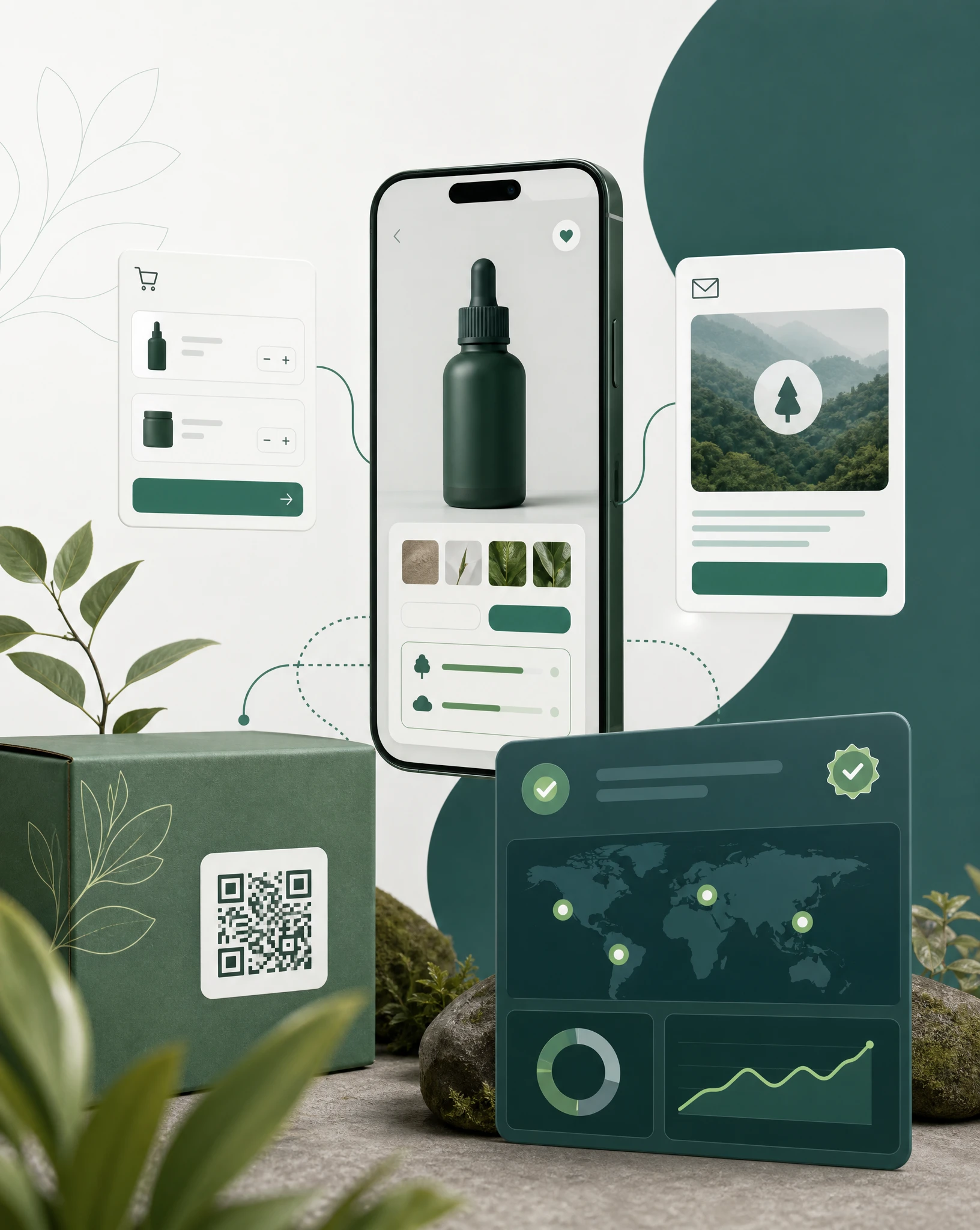 Omnichannel retail ecommerce journey showing Greenspark impact widgets, email flows, packaging QR code and verified project dashboard.