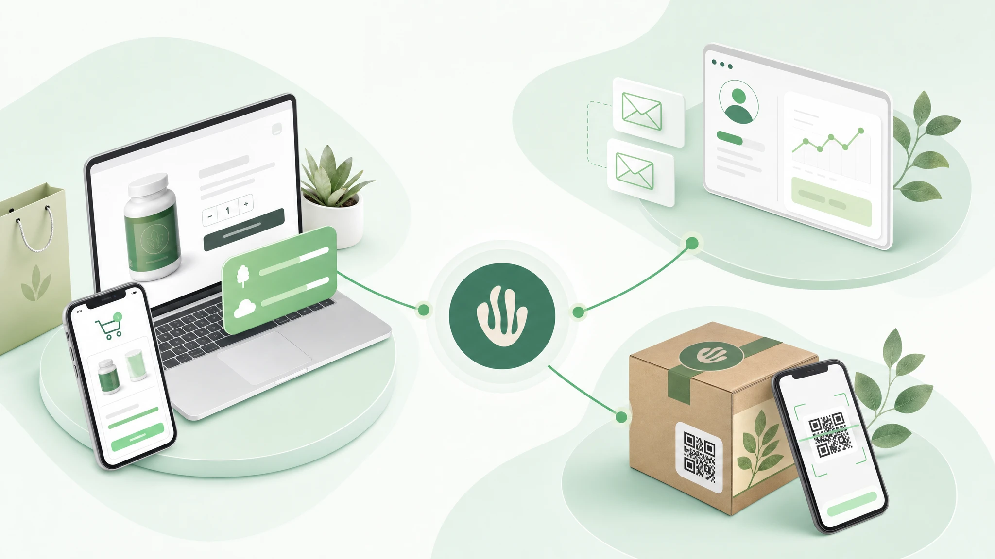 Omnichannel retail impact illustration on a light green background, with online store, lifecycle email and physical retail channels connected through the Greenspark platform icon at the centre.