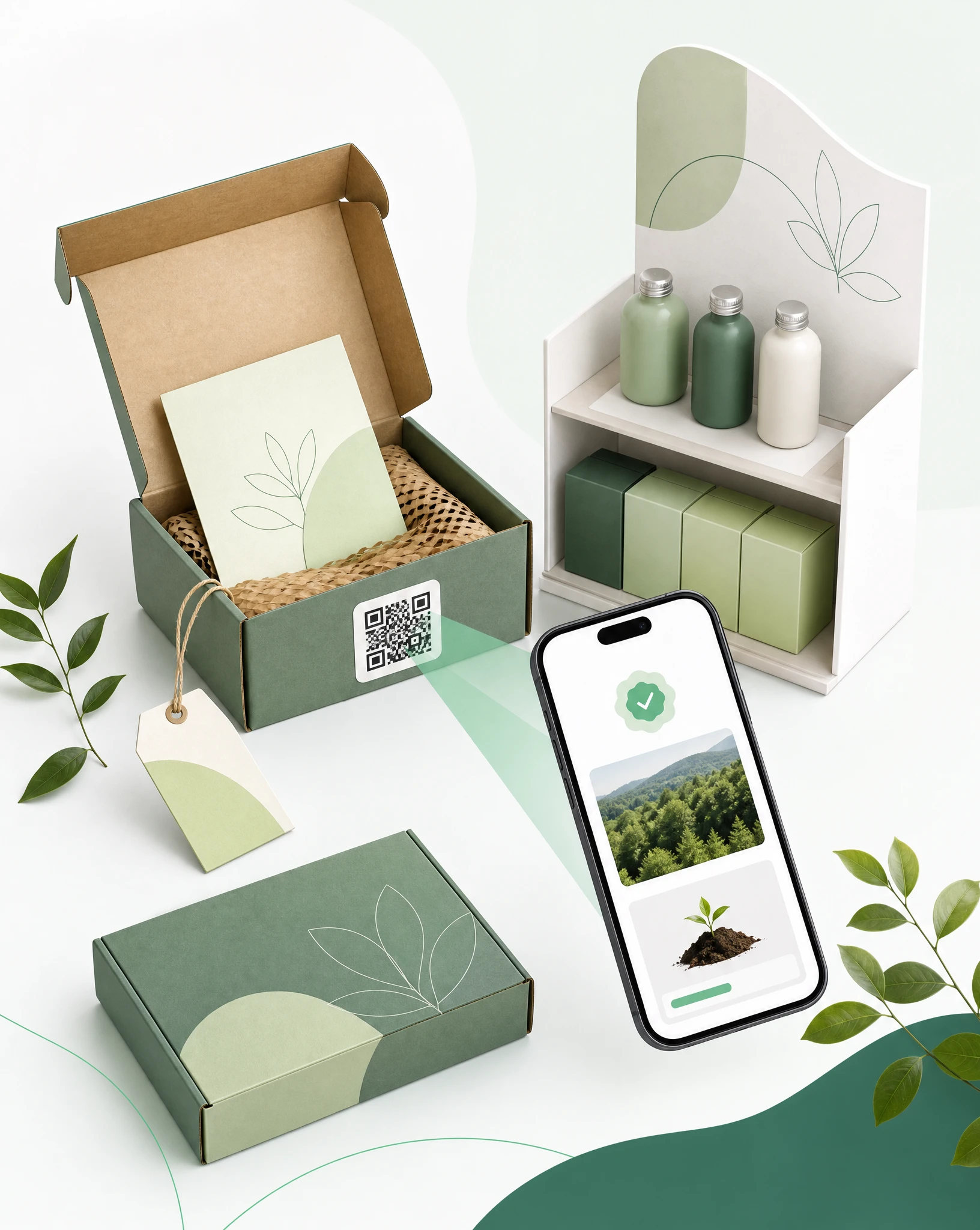 Packaging, order insert and retail display with QR codes linking to Greenspark impact proof pages.