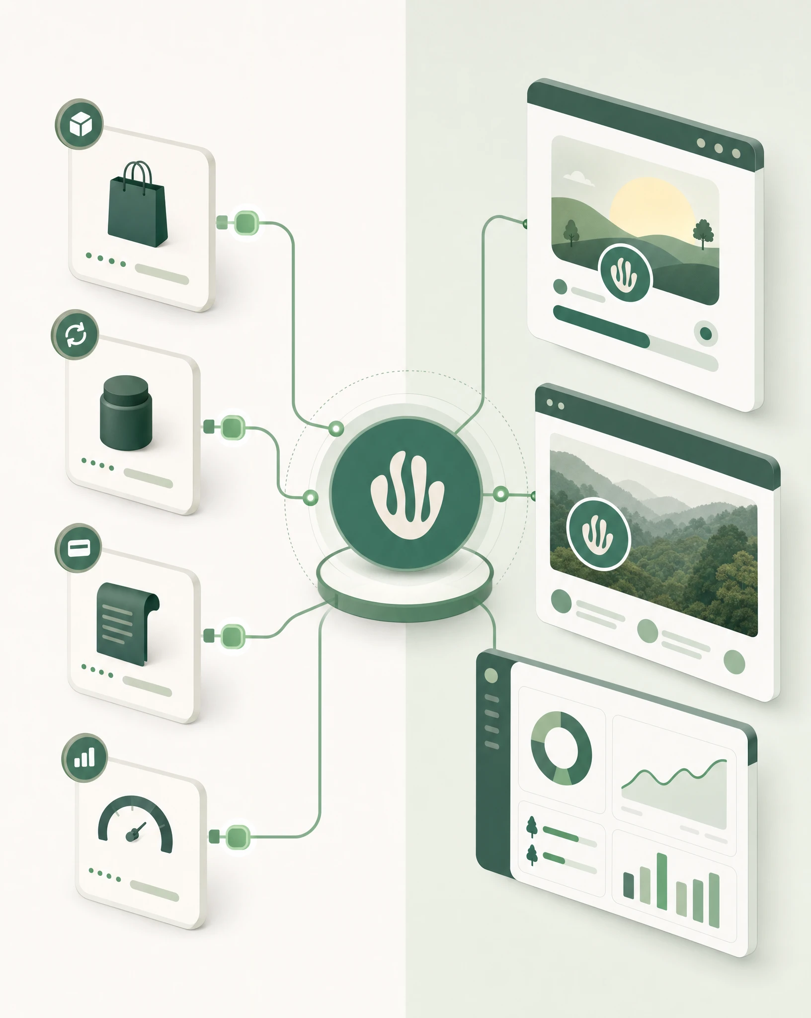 API-first impact infrastructure showing SaaS product events flowing through the Greenspark hub to widgets, public profiles and reporting.