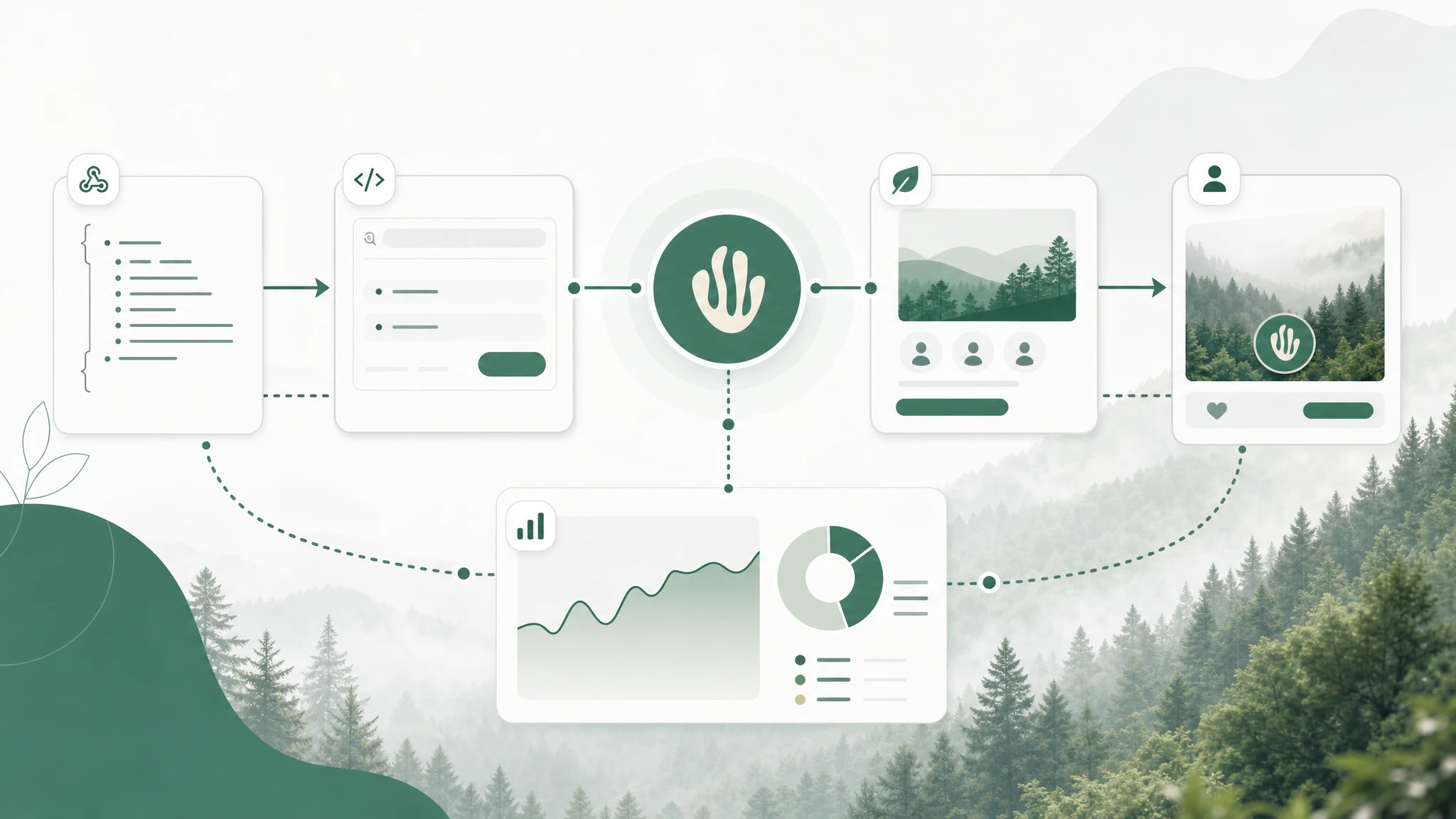 Developer and API visual showing webhook events, API call, impact creation, user-facing widget and reporting dashboard.