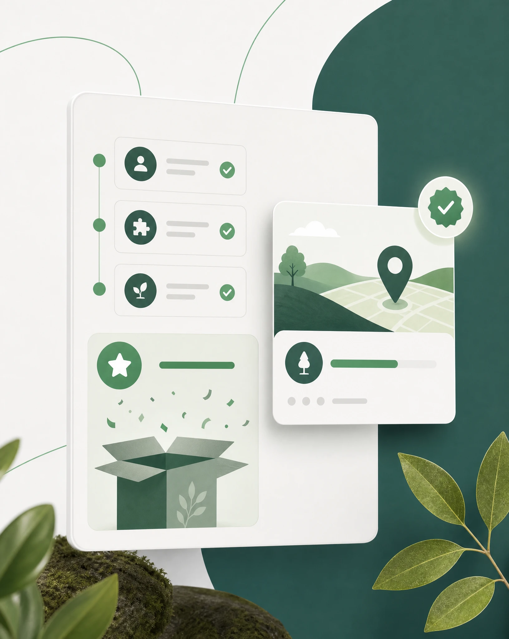 SaaS onboarding checklist with completed setup steps and a milestone card unlocking verified impact.