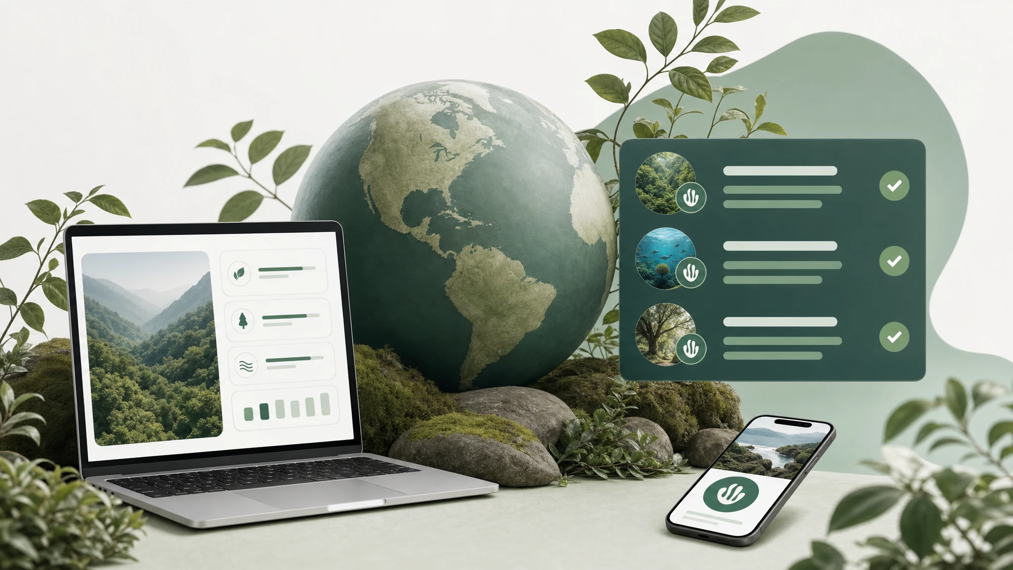 SaaS Earth Month campaign with globe, spring greenery and verified environmental projects.