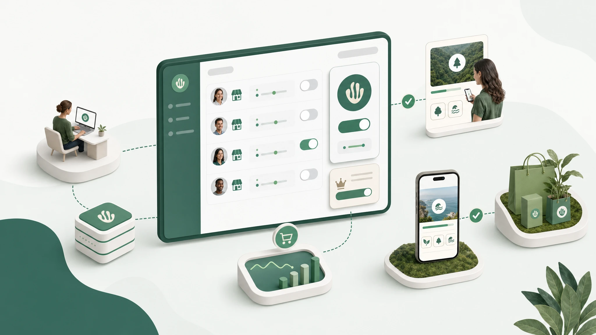 Multi-tenant platform dashboard offering verified impact as a premium feature with add-on toggles, plan upgrades and customer-facing impact widgets.