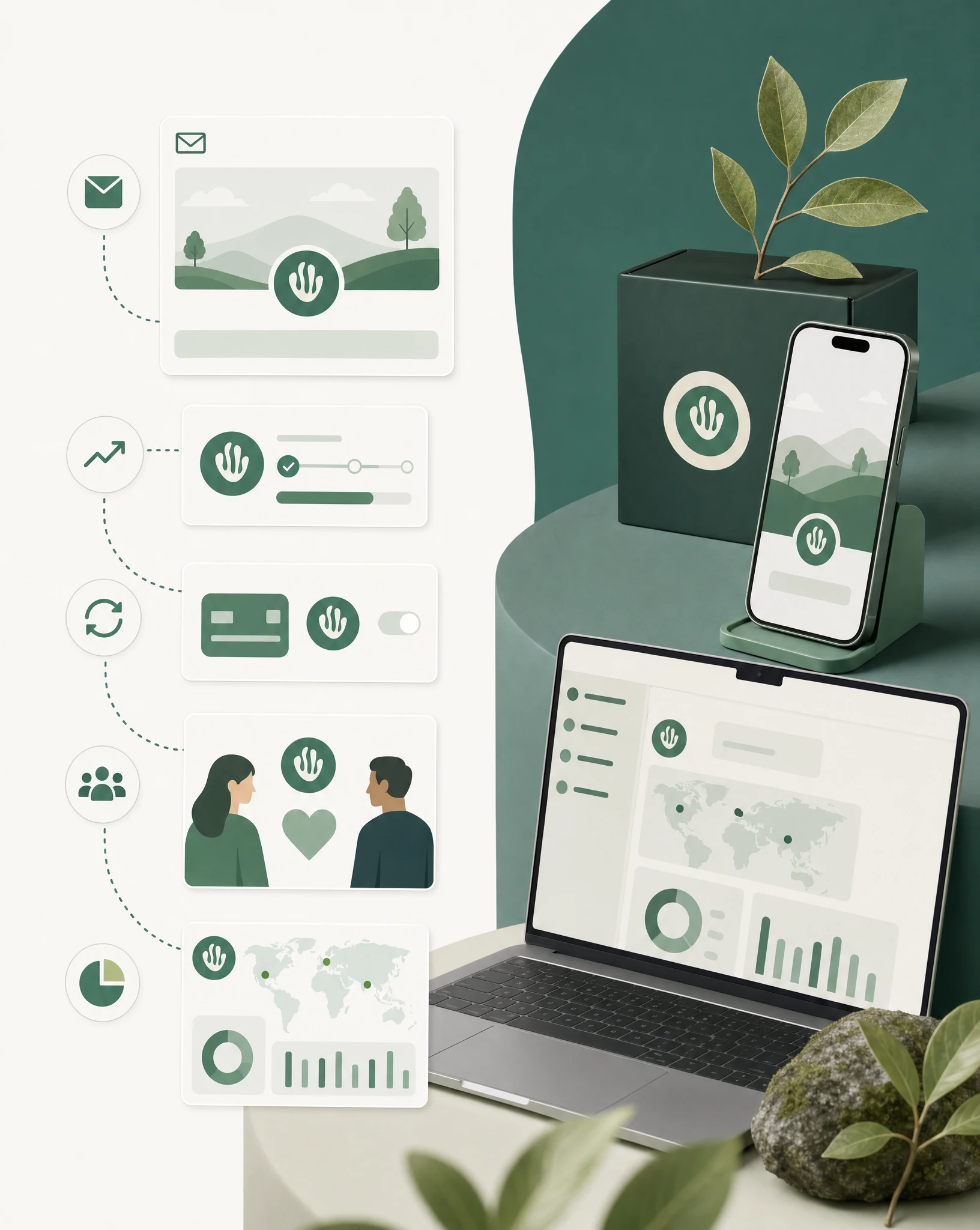 SaaS lifecycle touchpoints including welcome email, in-app milestone widget, renewal update, referral thank-you and customer success report, each showing verified impact proof.